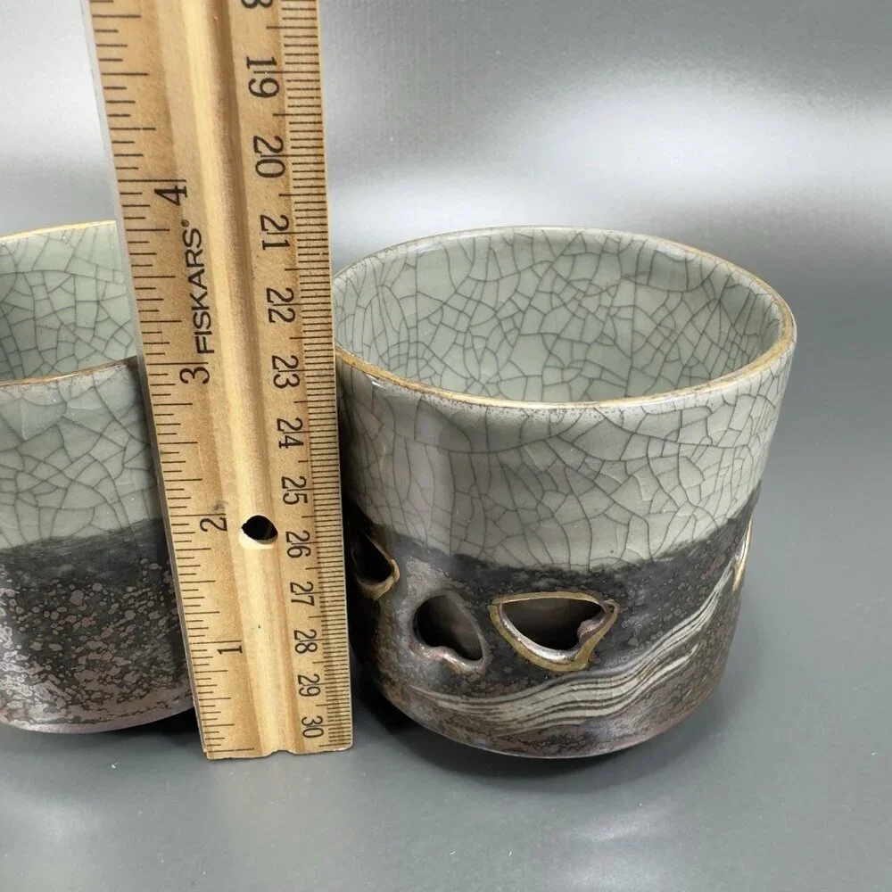Otagiri SomaWare Gold Horse Cup Tumbler Porcelain Obori Crackled Glaze Set2 Cups